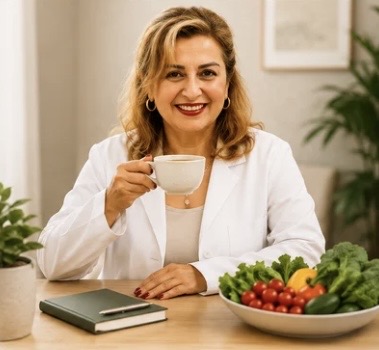 Dr. Maryam Eizadi with tea and fresh vegetables